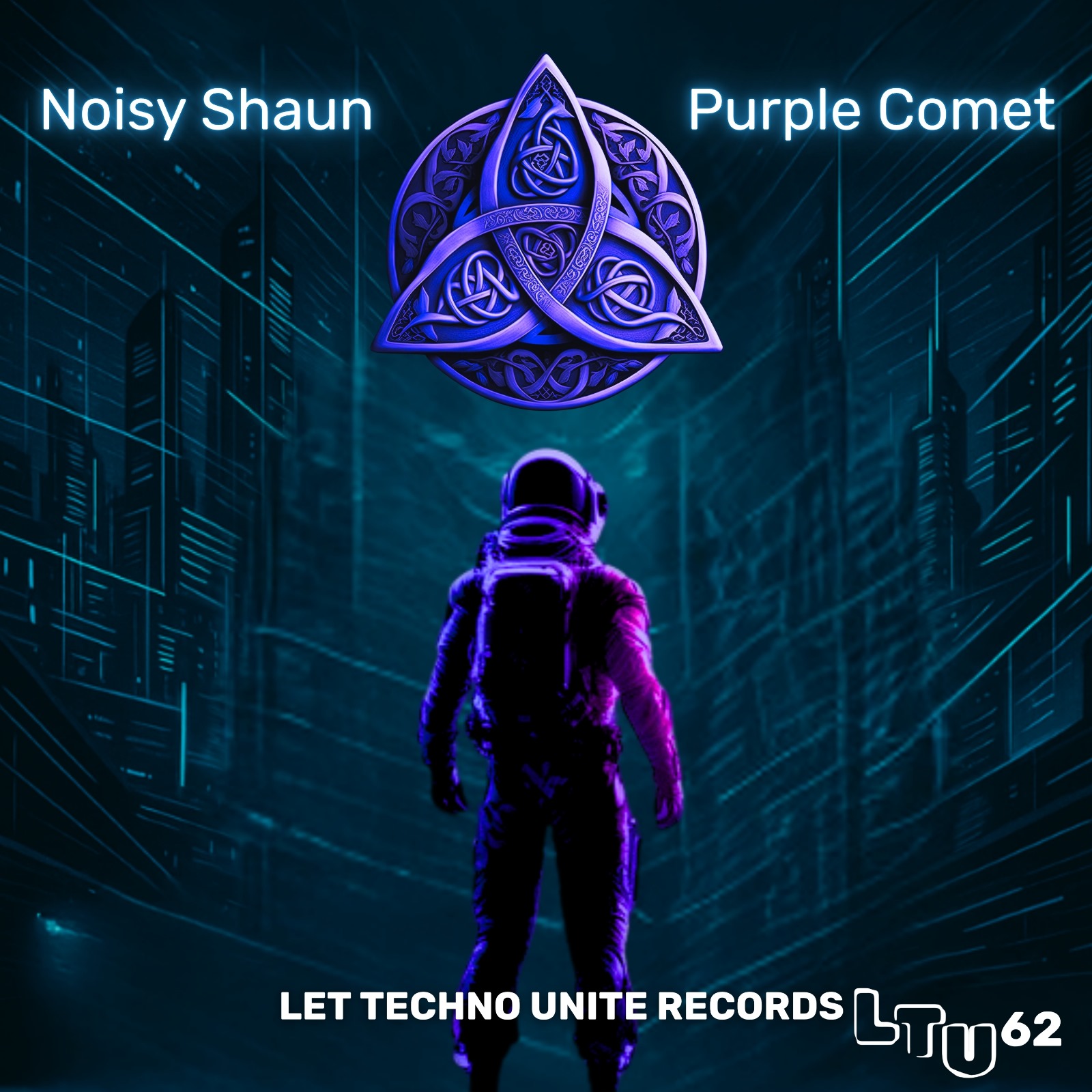 Purple Comet cover. An astronaut illuminated by a purple glow looks out over a futuristic space city.